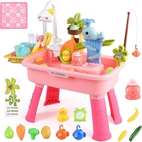 AZTWMYS Upgraded Toddler Sand Water Table Toy with Electric Water Pump, Kids Sand Water with Faucet/Play Food Accessories/Fishing Toy, Kitchen Play Sink Toys for Girl Boy Age 3+ (Pink)