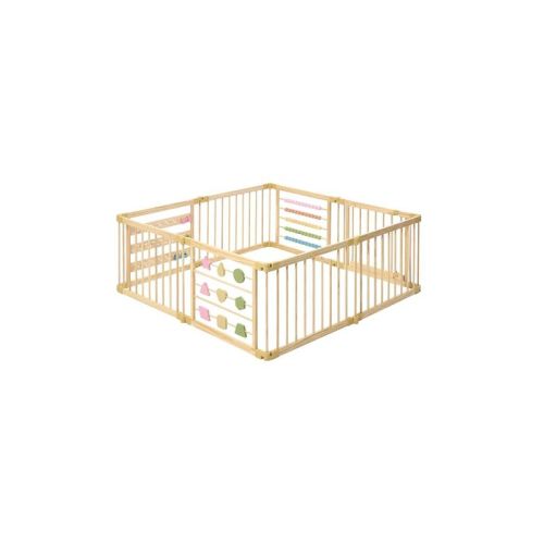 ZETY Wooden Baby Playpen 63"x63" 8 Panel, Geometry Activity Play Yard, Natural Pine
