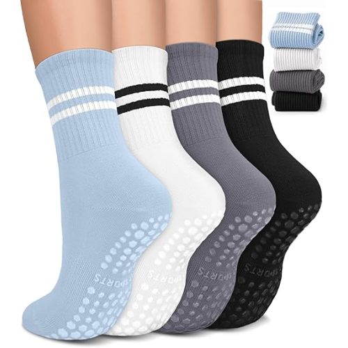 Pilates Socks for Women, Non Slip Grip Socks for Yoga, Barre, Hospital, Grippy Socks Womens Gifts, 4 Pairs