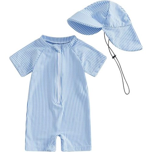 Toddler Baby Boys Seersucker Short Sleeve One Piece Rash Guard Swimsuit Zipper Bathing Suit Swimwear with Hat