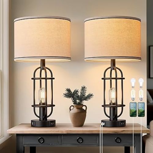 Black Table Lamps for Living Room Set of 2, 22.3" Farmhouse Lamps for Nightstand, Industrial Table Lamps for Bedroom with USB Ports, Bulbs Included