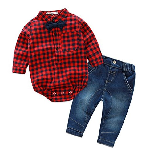 2 Pieces Baby Boys Gentleman Bowtie Plaid Shirt and Denim Pants Outfit Set Red 0-6 Months
