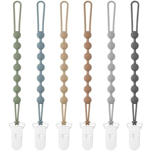 6 Pack Silicone Pacifier Clip with One-Piece Design for Baby Boys and Girls, BPA Free Soft Flexible Binky Clips with Texture for Baby Essentials