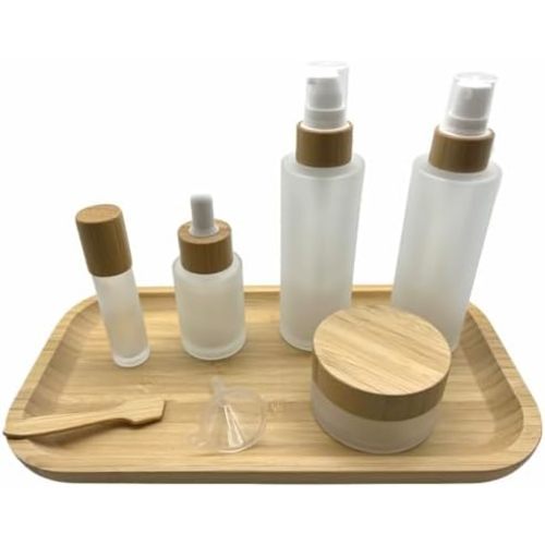 Empty Refillable Frosted Glass Cosmetic Containers with Bamboo Cover - 5 Pack, Spray Bottle, Lotion Pump, Dropper, Roller and Cream Jar for Cosmetic Storage with Tray
