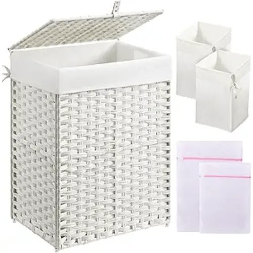 Greenstell Laundry Hamper with Lid, 90L Clothes Hamper with 2 Removable Liner Bags & 2 Mesh Laundry Bags, Handwoven Synthetic Rattan Laundry Basket for Clothes, Toys in Bathroom, Bedroom White