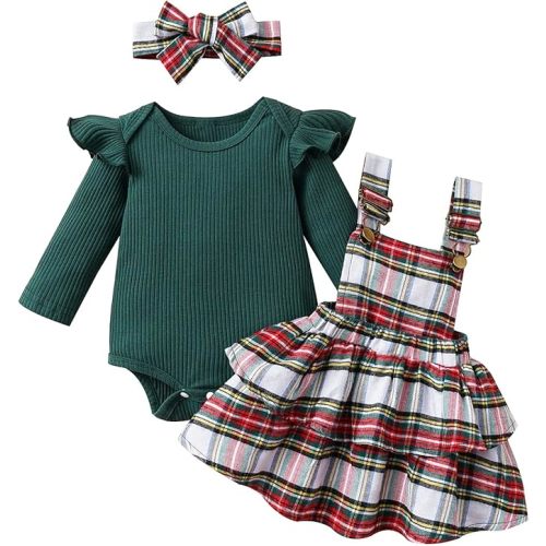Sasaerucure Infant Baby Girl Fall Winter Outfits Long Sleeve Romper Knitted Bodysuit with Plaid Skirt 2Pcs Christmas Outfits