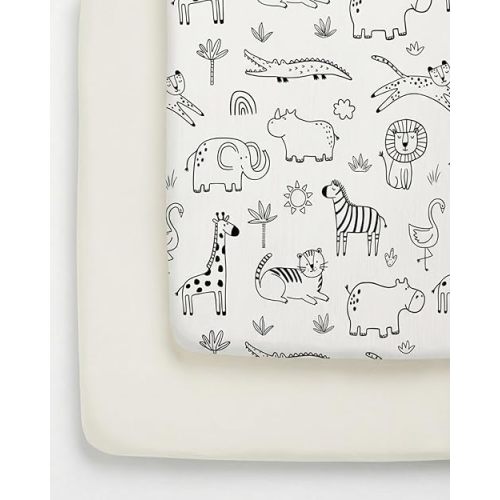 Pack and Play Sheets Fitted - 2 Pack Mini Crib Sheets for Pack N Play Mattress - Unisex Playard Microfiber Bedding for Boys & Girls - Soft, Breathable & Wrinkle Free - Oeko-Tex, 38 x 26in - Zoo Sketch