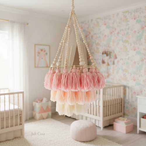 Pendant Lamp Shade, Boho Chandelier, Ombre Pink Nursery Decor, Macrame Beaded Lamp Shade for Baby Room, Playroom Decor, Unique Pendant Light