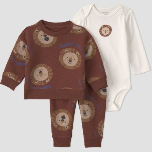 Carter's Just One You® Baby Boys' 3pc Lion Sweatshirt Long Sleeve Bodysuit and Joggers Set - Brown 9M