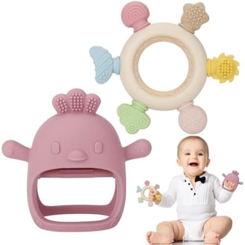 2 Pack Baby Teething Toys for Babies 0-6 Months, Dark Pink