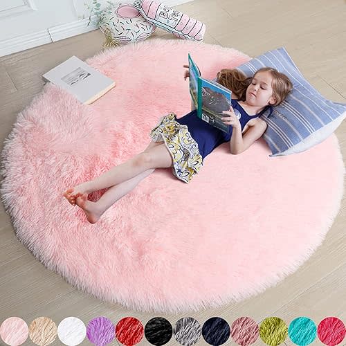 Amdrebio Pink Circle Round Fluffy Area Rug 4Ft for Girls Bedroom Kids Room