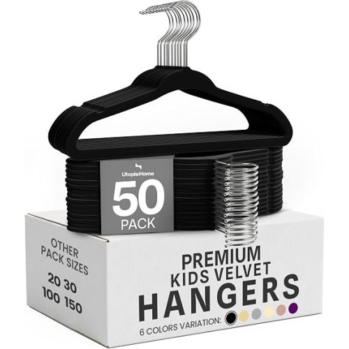 Utopia Home Kids Velvet Hangers 50 Pack – 11 Inch Non-Slip Baby Hangers for Baby and Toddlers, Durable Ultra-Slim Space-Saving Closet Organizers (Black)