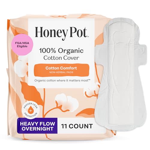 The Honey Pot Company - Cotton Comfort - Heavy Flow Overnight Pads | Non-Herbal - Organic Cotton Cover - Menstrual Pads w/Wings - No Fragrance, Ultra-Absorbent Pulp Core - Feminine Care - 11ct