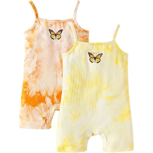 ROMPERINBOX Baby Girl Romper 2 Pack Sleeveless Spaghetti Strap Tie Dye Infant Jumpsuit Butterfly Summer Clothes 0-24 Months