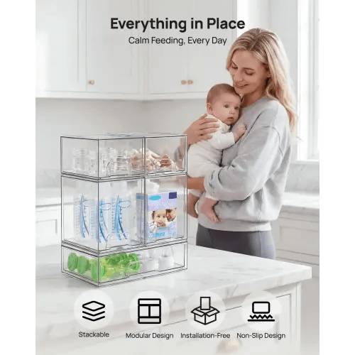 【Bottles Station】Vtopmart Stackable Nursery Set of 5/8 Clear Plastic Organizer Bins for Makeup Beauty Supplies Vanity Bathroom Cabinet Pantry, Multi-Size Flexible Design BPA-Free Safe Water&Dust Proof,dorm essentials,home decor - TikTok Shop