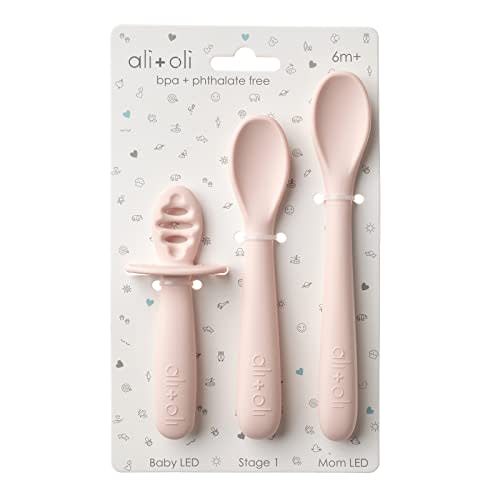 Ali+Oli (3pc) Silicone Spoon Set for Baby (Blush) Unbreakable Baby Spoons, Self Feeding Utensils, Multi-stage Design, Ergonomic Handle