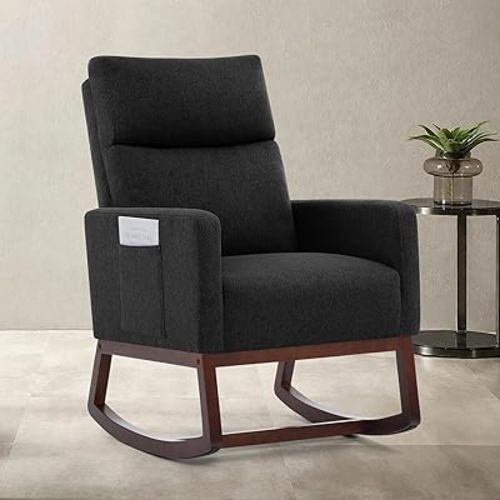 Rocking Chair Nursery, Modern Upholstered Glider Rocker Chairs with Wood Legs and Side Pockets Comfy High Back Nursing Armchair Black