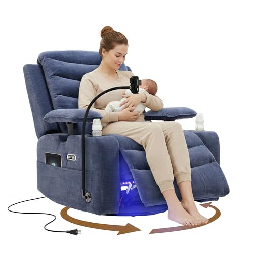 Olela Power Glider Recliner Nursery Chair, Swivel Rocking Chair with Electric Lumbar Support, USB Charging, Smart Cup Holder, Light, Adjustable Armrest, Wireless Phone Charger Holder, Chenille