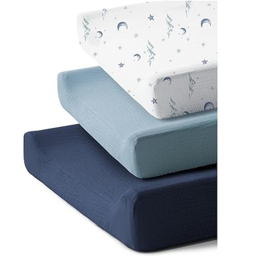 3 Pack Muslin Changing Pad Covers for Girl, Boy, 100% Soft Cotton Changing Table Cover, Breathable Baby Nursery Diaper Chang Pad Sheets (Leaf)