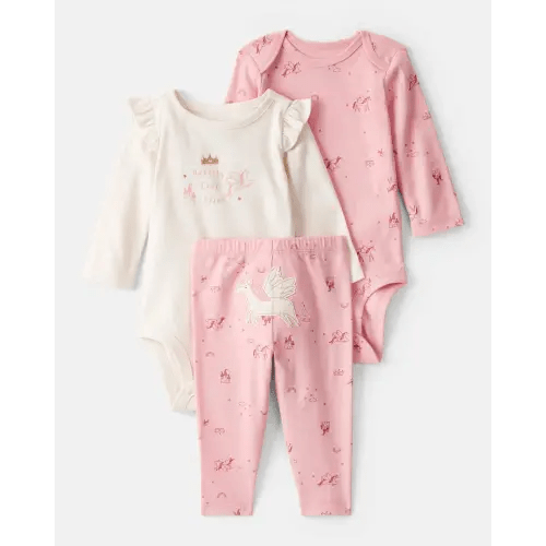 Baby Girl 3-Piece Unicorn Star Print Cotton Long-Sleeve Bodysuit & Pant Set - Pink/White | Carter's