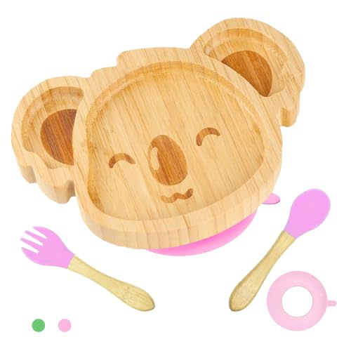 qianliyer Bamboo Baby Plate with Suction Kids Animal Koala-Shape Design Toddler Suction Plate for Babies Non-toxic All-Natural Bamboo Baby Food Plate for Dinner with Spoon and Fork - Pink