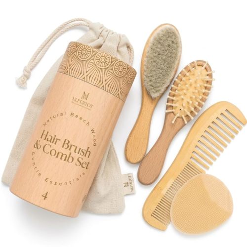 Wooden Baby Hair Brush Grooming Kit with Beech Wood Goat Hair Brush, Cradle Cap Brush, Silicone Scalp Massager, Ultra Soft Bristle Brush | Gender Neutral Newborn Hairbrush Set for Boy or Girl