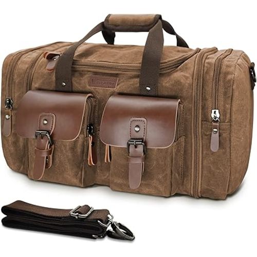 Wildroad Waxed Canvas Genuine Leather 50L Waterproof Duffle Bag - Vintage Travel Weekender Overnight Carry On