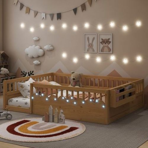 Mocamel Full Montessori Floor Bed with High Rails, Glow & Shelf, Solid Wood Bed for Kids,Natural