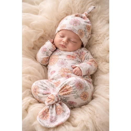 Newborn Knotted Gown with Hat, Floral Baby Girl Outfit, Coming Home Set, Newborn Photography Outfit