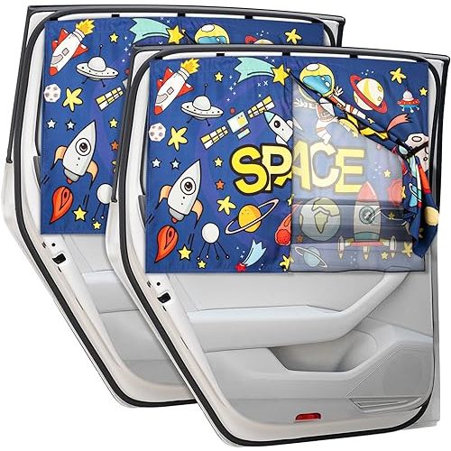 Car Sun Shade Side Window, 2pcs Magnetic Double Layer Car Window Shades for Privacy Full Covers/Half Shade Options Cute Space Pattern Side Window Curtains for Kids