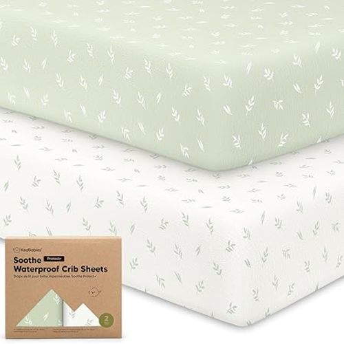 2-Pack Waterproof Crib Sheets for Boys, Girls - 52x28 Fitted Organic Cotton Baby Crib Sheets, Toddler Mattress Protector Cover, Washable, Soft & Durable Baby Bedding Essentials (Herb)