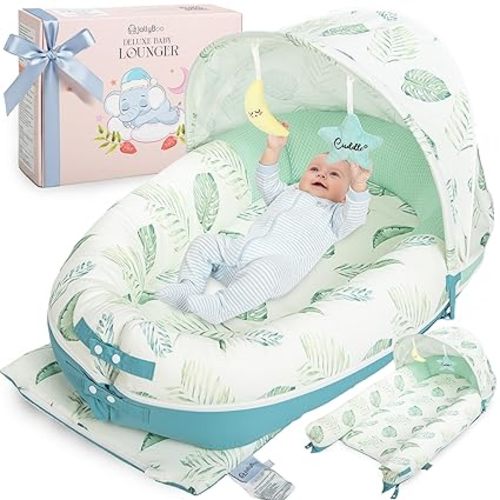 JollyBoo® Deluxe Infant Lounger Pillow - Baby Lounger 0-24 Months | Bamboo-Cotton Portable Baby Nest with Foldable Sunshade & 2 Plush Toys | Soft, Breathable Mesh for Cool, Safe Rest (Green Leaves)