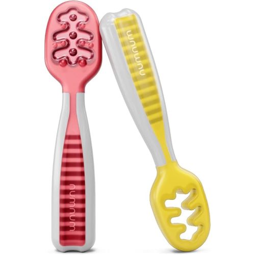 NumNum Baby Spoons Set, Baby Essentials Pre-Spoon GOOtensils for 6+ Months, First Stage Self-Feeding Spoons for Baby Led Weaning (BLW), Silicone Toddler Utensils, BPA-Free, 2 Pack Red/Yellow
