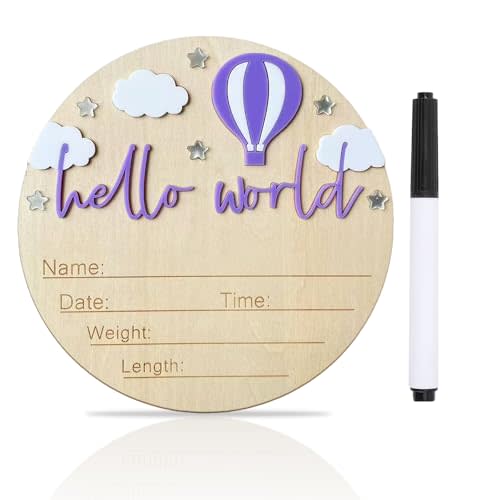Baby Announcement Sign, 5.9 Inch Wooden Hello World Newborn Signs, Birth Announcement Sign and Pen, Hot Air Balloon and White Cloud Decoration, Welcome Newborn Arrival to World (Purple)