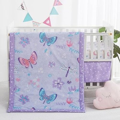 3 Piece Baby Crib Bedding Set, Infant Nursery Bed Set Decor with Quilt + Fitted Crib Sheet + Skirt, Baby Bedding Set Breathable and Soft for Baby Boy and Girl - Purple Butterfly