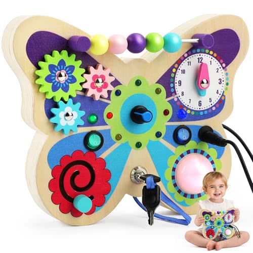 TOY Life Montessori Busy Board, Wooden Butterfly Sensory Board Toys for Toddlers with LED Light Up Switchs, Baby Fidget Boards Travel Toys, Christmas Birthday Gifts for 1+ Year Old Girls Boys