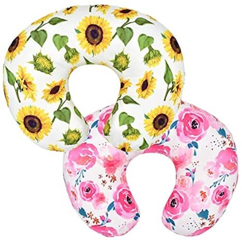 2 Pack Baby Nursing Pillow Cover Newborn U-Shaped Breastfeeding Pillowcase Cushion Cover Stretchy Replaceable Forest&Floral Pillow Cover Slipcover 22.5x18 (Sunflower+Floral)
