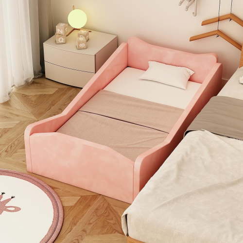 JOYMOR Toddler Bed, Toddler Floor Bed Frame with Guard Rails, Soft Velvet Bed for Infant, Kids Boys and Girls, Mattress not Included (Pink)