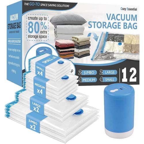 Cozy Essential Travel Vacuum Storage Bags with Portable Electric Pump, Vacuum Seal Space Saver Bags for Clothing and Luggage, 12 Pack
