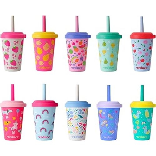 REDUCE GoGo's Kids Portable Tumbler Cups with Lids and Spill-Proof Straws - 10 Pack of Stackable 12 oz Tumblers with Twist-On Lids - Easy Storage, Dishwasher Safe - Play Date