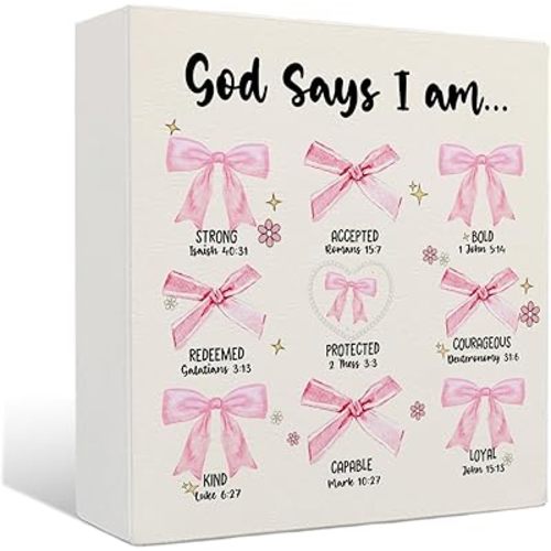Coquette Bow Wooden Sign - Coquette Room Decor, Pink God Says I Am Wooden Box Signs, Preppy Coquette Bow Bible Verse Decor, Inspirational Christian Gifts for Women, 5 X 5 Inches