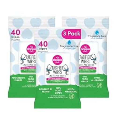 Dapple Baby Pacifier Wipes for Infants and Toddlers - (3 Pack) 40 Count - Fragrance-Free, Hypoallergenic & Food-Grade - Diaper Bag Essentials