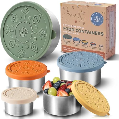 Everusely - Stainless Steel Containers with Lids - Set of 5, Muted Collection - Leakproof Stainless Steel Food Containers - Nesting Snack Holders - Metal Lunch Box - Portable & Reusable Meal Kit