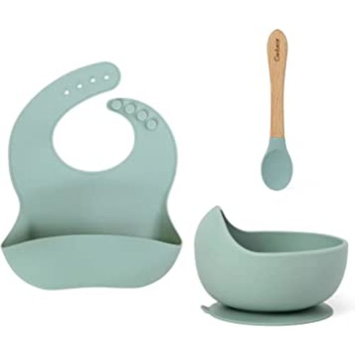 Ginbear Baby Bowls with Suction First Stage, Silicone Bibs, Baby Feeding Spoons, Baby Led Weaning Supplies for Ages 6 Months+ (Hazy Green)