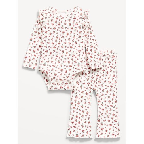 Printed Ribbed Ruffle-Trim Bodysuit and Pants Set for Baby