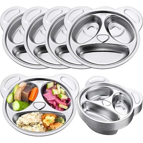 Lounsweer Set of 8 Stainless Steel Toddler Plates 304 Stainless Steel Dishes for Kids 3 Sections Unbreakable Metal Cute Panda Shape Compartment Divided Platesfor Toddler Picky Eaters, Lunch, Camping
