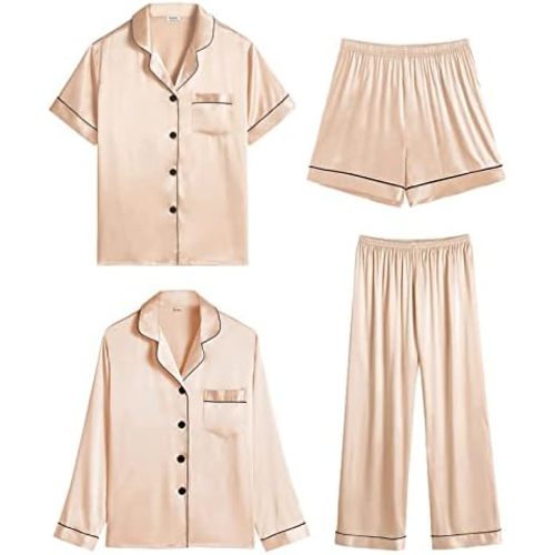 SWOMOG Women 4Pcs Silk Pajamas Set Button Down Sleepwear Loungewear Pj Sets for Ladies Nightwear