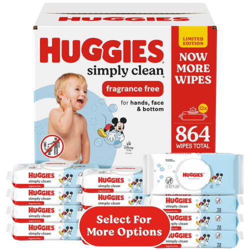 Huggies Simply Clean Unscented Baby Wipes, 12 Flip-Top Packs, 864 Total Count (Select for More)