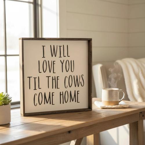 I Will Love You Til The Cows Come Home Sign - Farmhouse Bedroom Decor - Rustic Nursery Wall Art - Country Love Quote - Wood Framed Sign