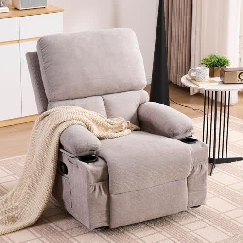 Recliner Chair for Adults, Swivel Rocker Recliner with Massage and Heat, Nursery Glider Recliner, Manual Reclining Chair with Cup Holder and Side Pocket, Rocking Chair for Bedroom, Gray